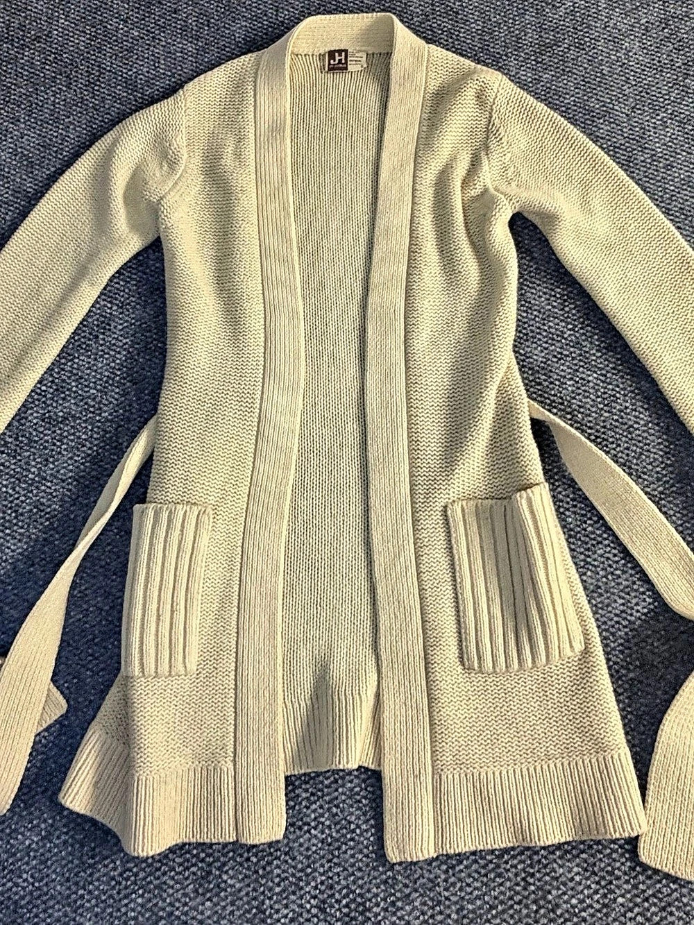 VTG JH Collectibles 100% Wool Belted Cardigan Sweater Cream S